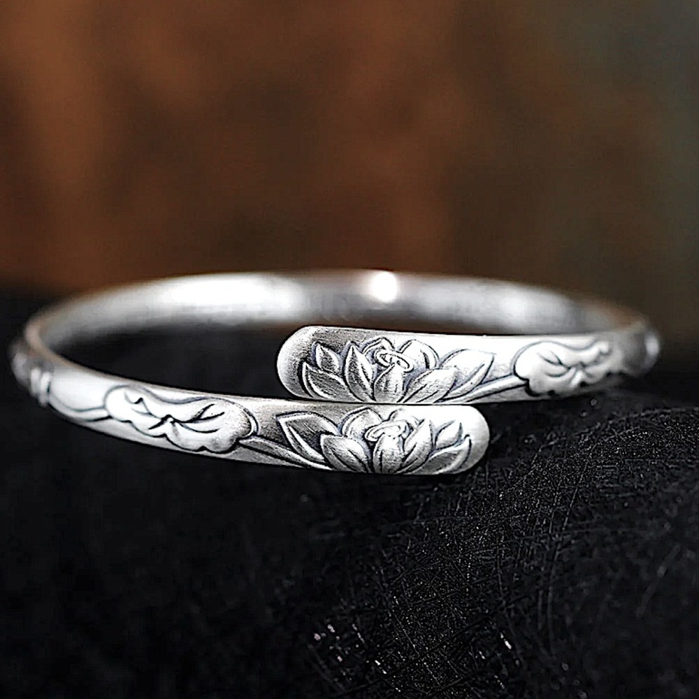 Sterling Silver Lotus Mantra Bangle Bracelet - Picture 3 of 9